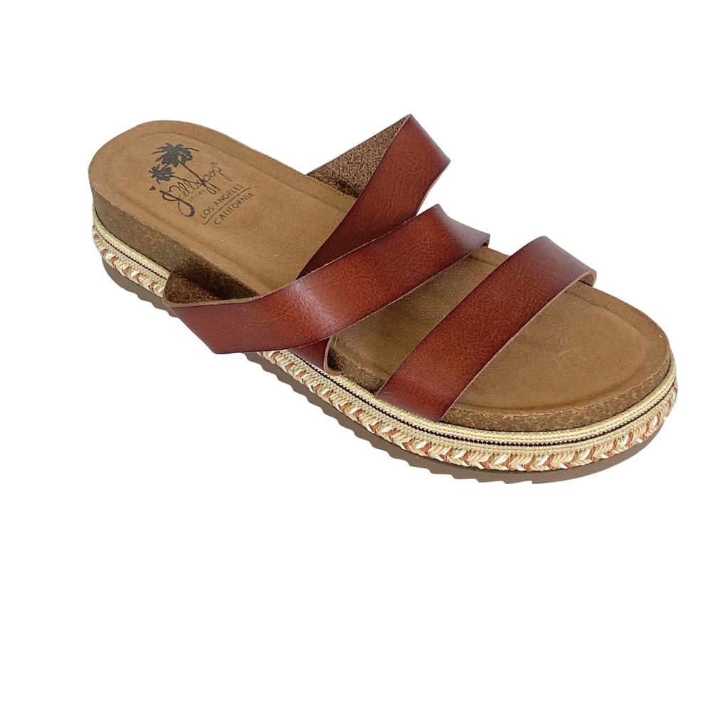Jellypop Womens Brown Faux Leather Braided Trim Platform Slide Sandals Size 9.5M